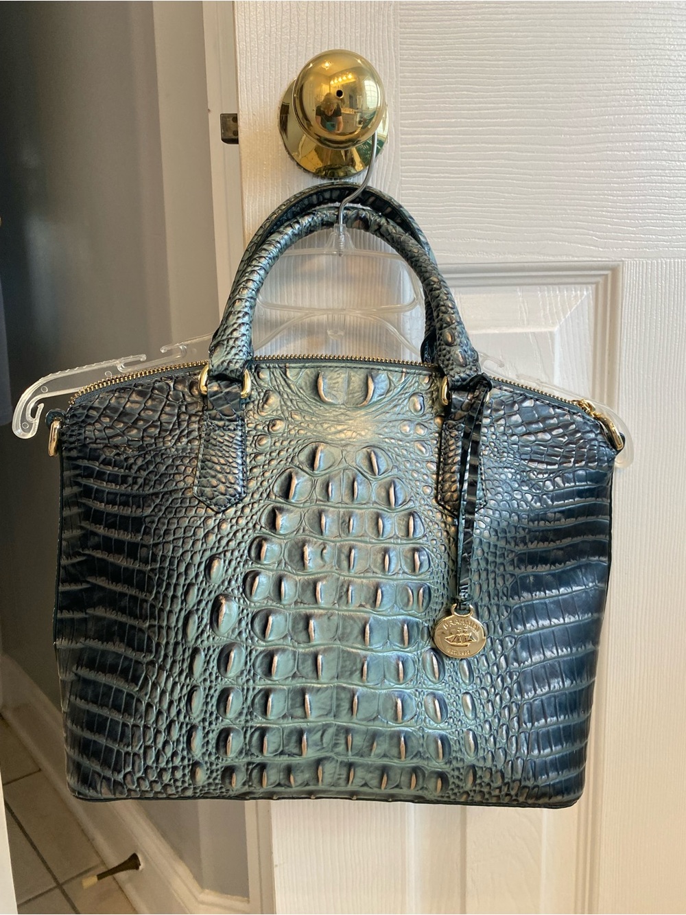 Brahmin Croc-Embossed Satchel with Teal Sheen